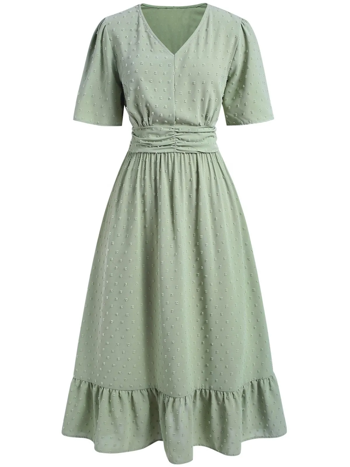New Retro Stage Green 1940s Swiss Dots Ruffle Hem Dress Light Green
