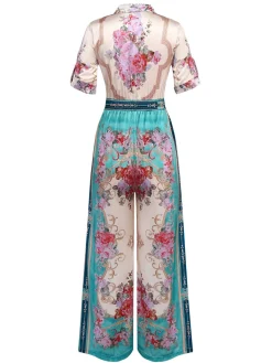 Sale Retro Stage Green 1930s Symmetrical Floral Shirt Collar Jumpsuit Light Green