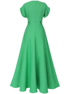 Sale Retro Stage 1930s Temperament V-Neck Solid Dress Green