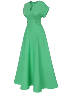 Sale Retro Stage 1930s Temperament V-Neck Solid Dress Green