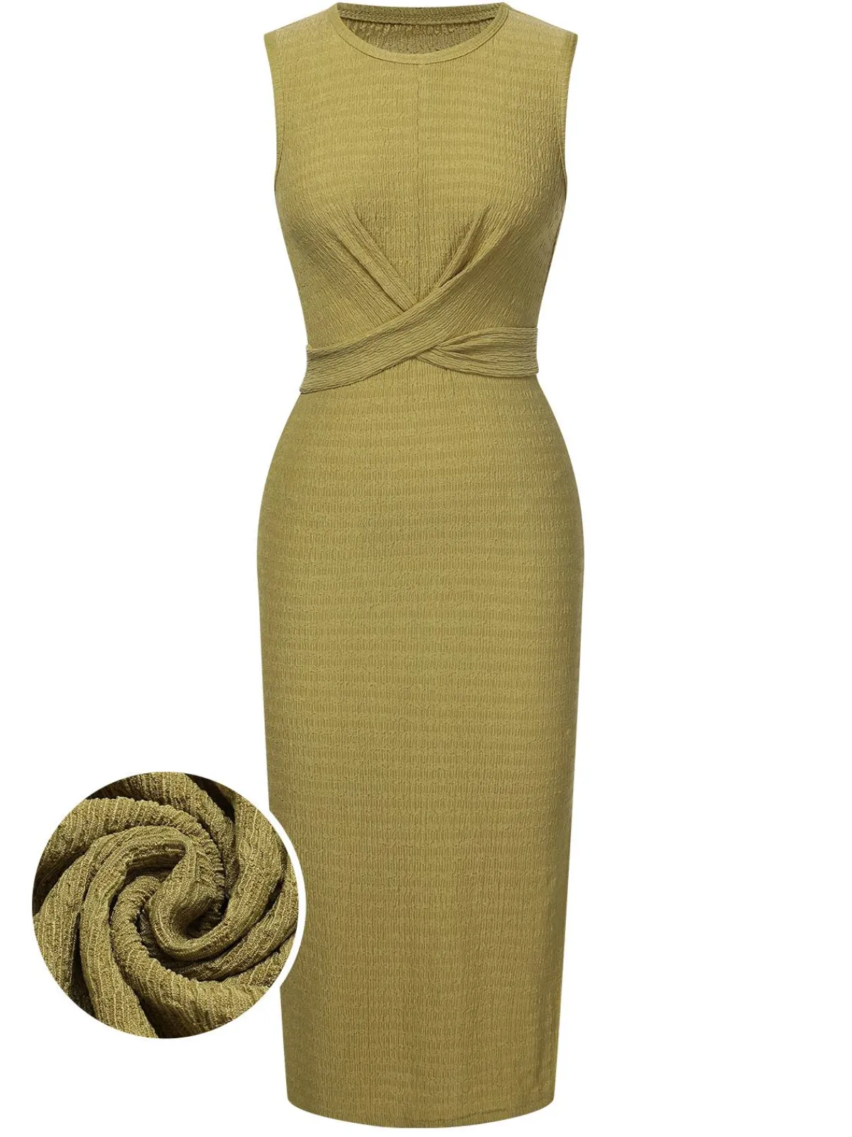New Retro Stage 1960s Textured Twist Tie Sleeveless Dress Green