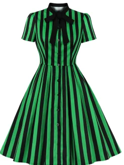 Fashion Retro Stage 1950s Tie Neck Button Black Stripes Dress Green