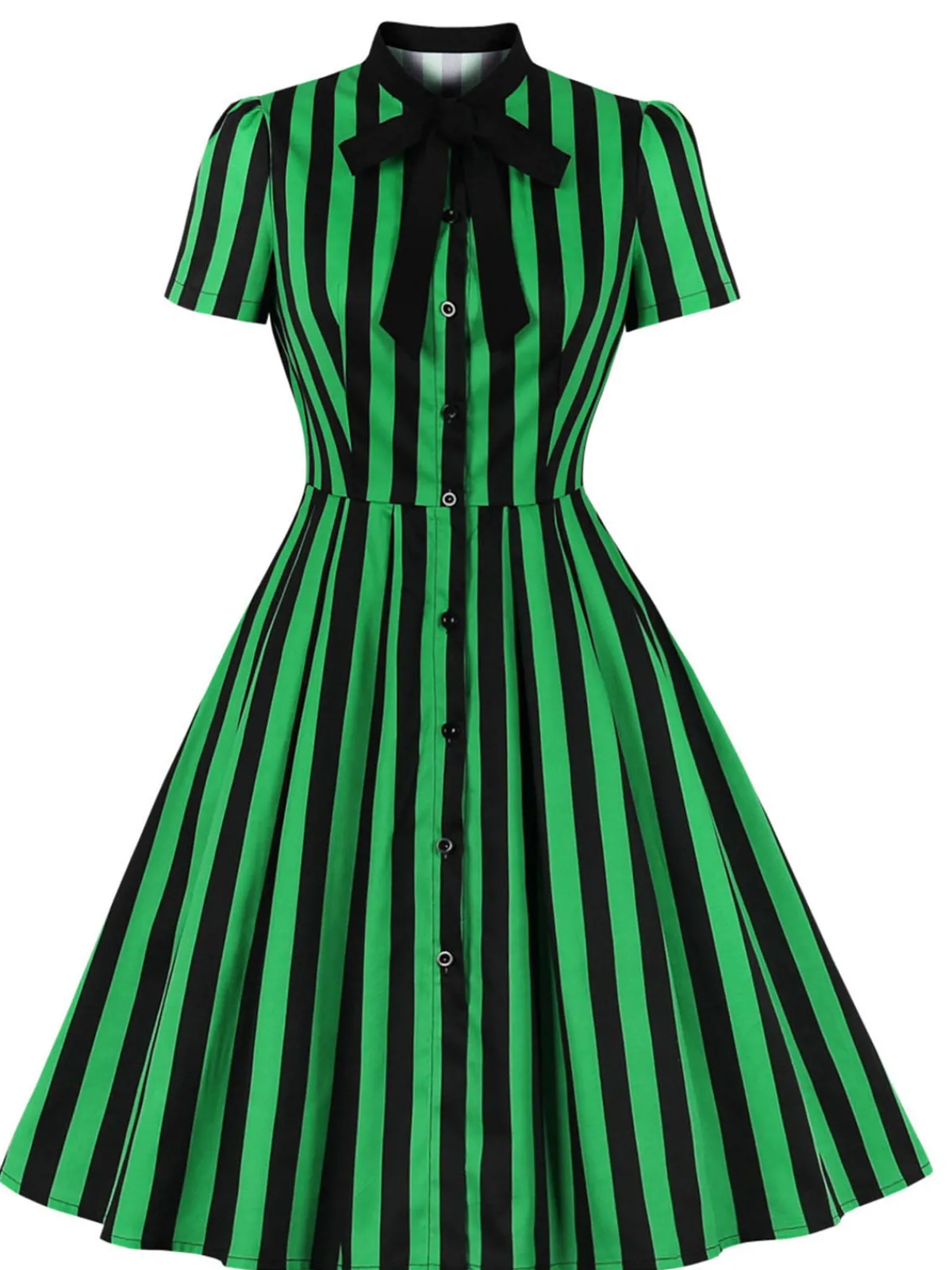Fashion Retro Stage 1950s Tie Neck Button Black Stripes Dress Green