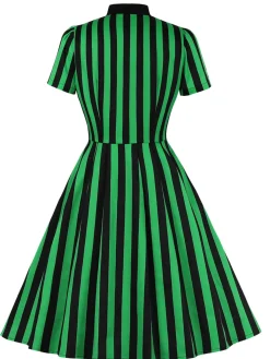 Fashion Retro Stage 1950s Tie Neck Button Black Stripes Dress Green