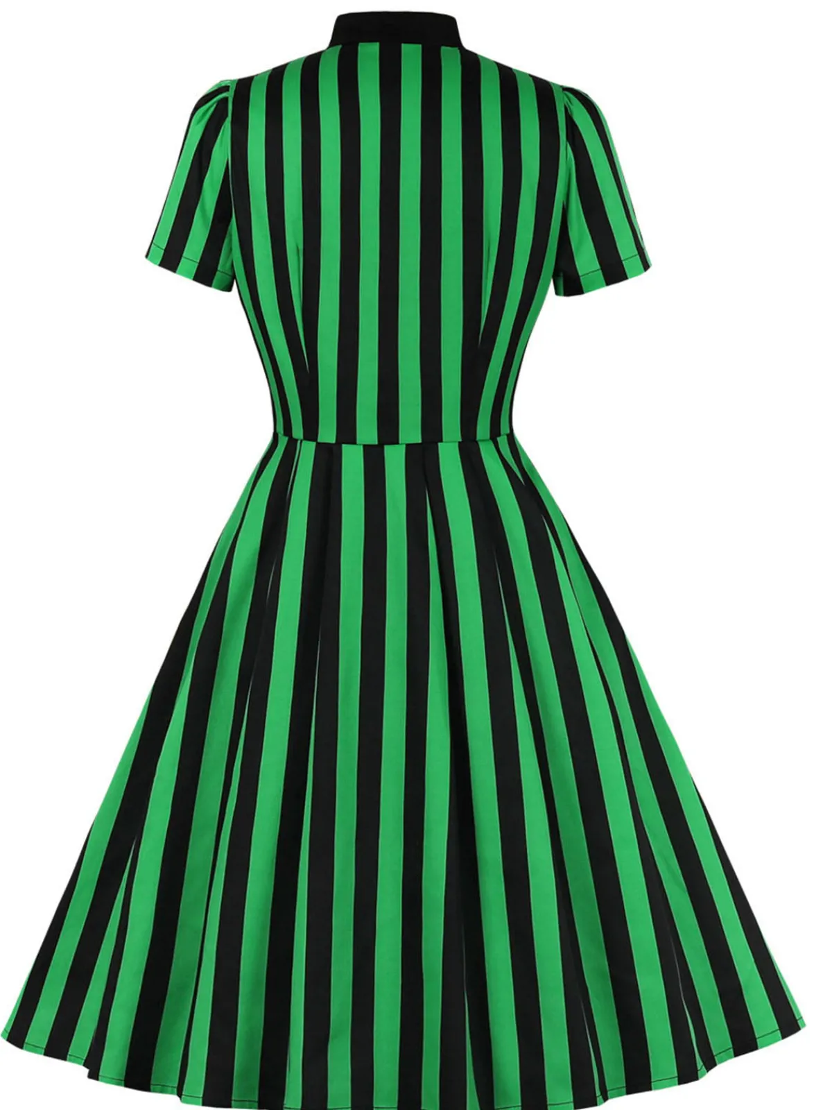 Fashion Retro Stage 1950s Tie Neck Button Black Stripes Dress Green