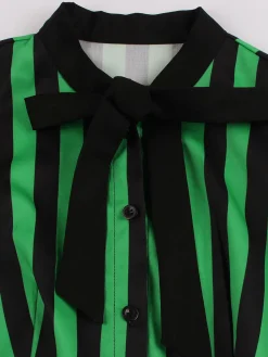 Fashion Retro Stage 1950s Tie Neck Button Black Stripes Dress Green