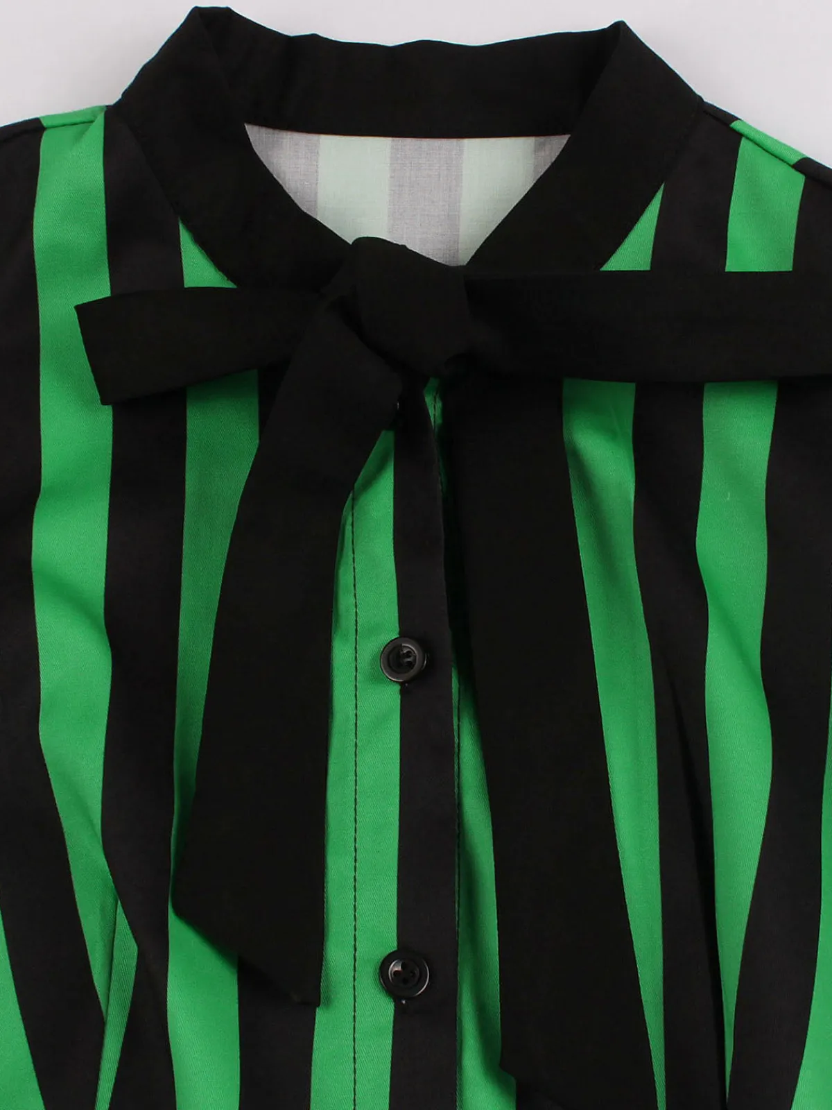 Fashion Retro Stage 1950s Tie Neck Button Black Stripes Dress Green