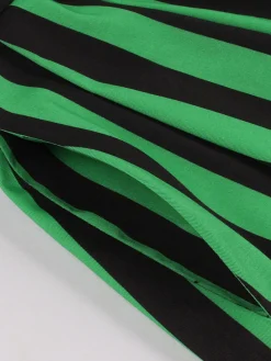 Fashion Retro Stage 1950s Tie Neck Button Black Stripes Dress Green