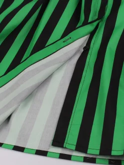 Fashion Retro Stage 1950s Tie Neck Button Black Stripes Dress Green