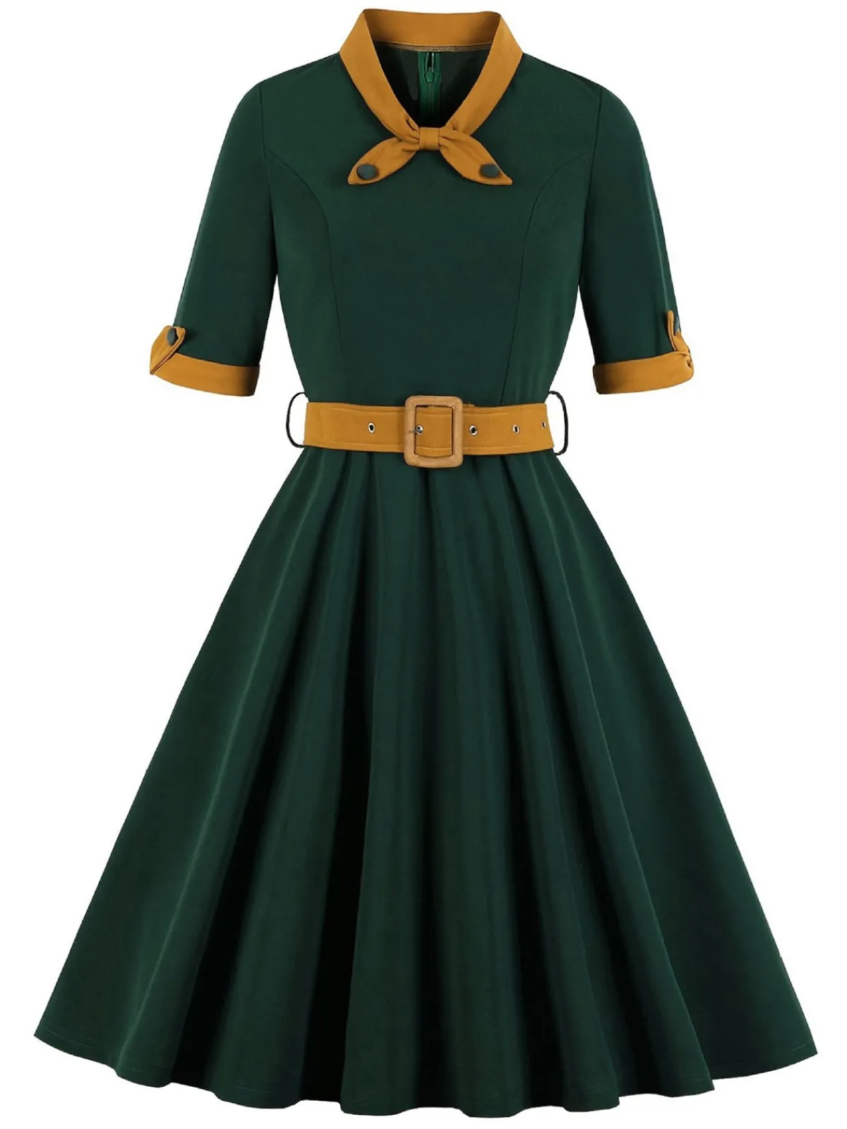 Outlet Retro Stage 1950s Tie Neck Contrast Patchwork Dress Green