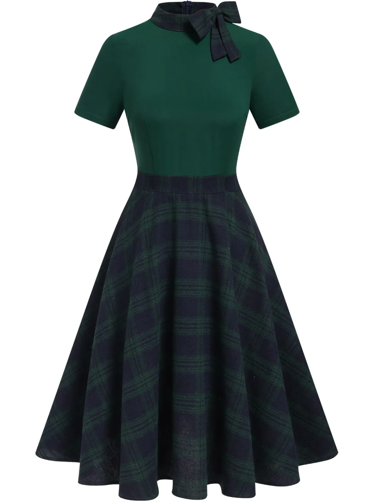 Outlet Retro Stage 1950s Tie Neck Plaids Patchwork Dress Green