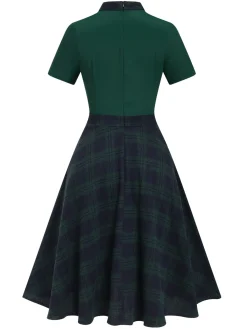 Outlet Retro Stage 1950s Tie Neck Plaids Patchwork Dress Green