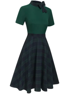 Outlet Retro Stage 1950s Tie Neck Plaids Patchwork Dress Green
