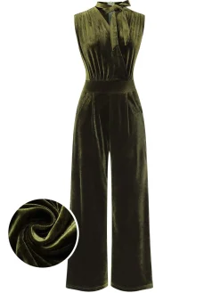 Discount Retro Stage 1940s Tie Neck Velvet Jumpsuit Green