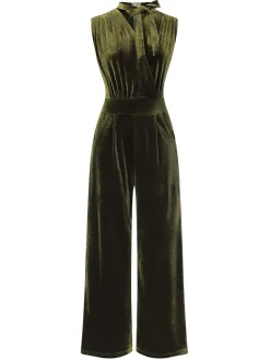 Discount Retro Stage 1940s Tie Neck Velvet Jumpsuit Green