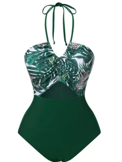 New Retro Stage 1940s Tropical Hollow Out One-Piece Swimsuit Green