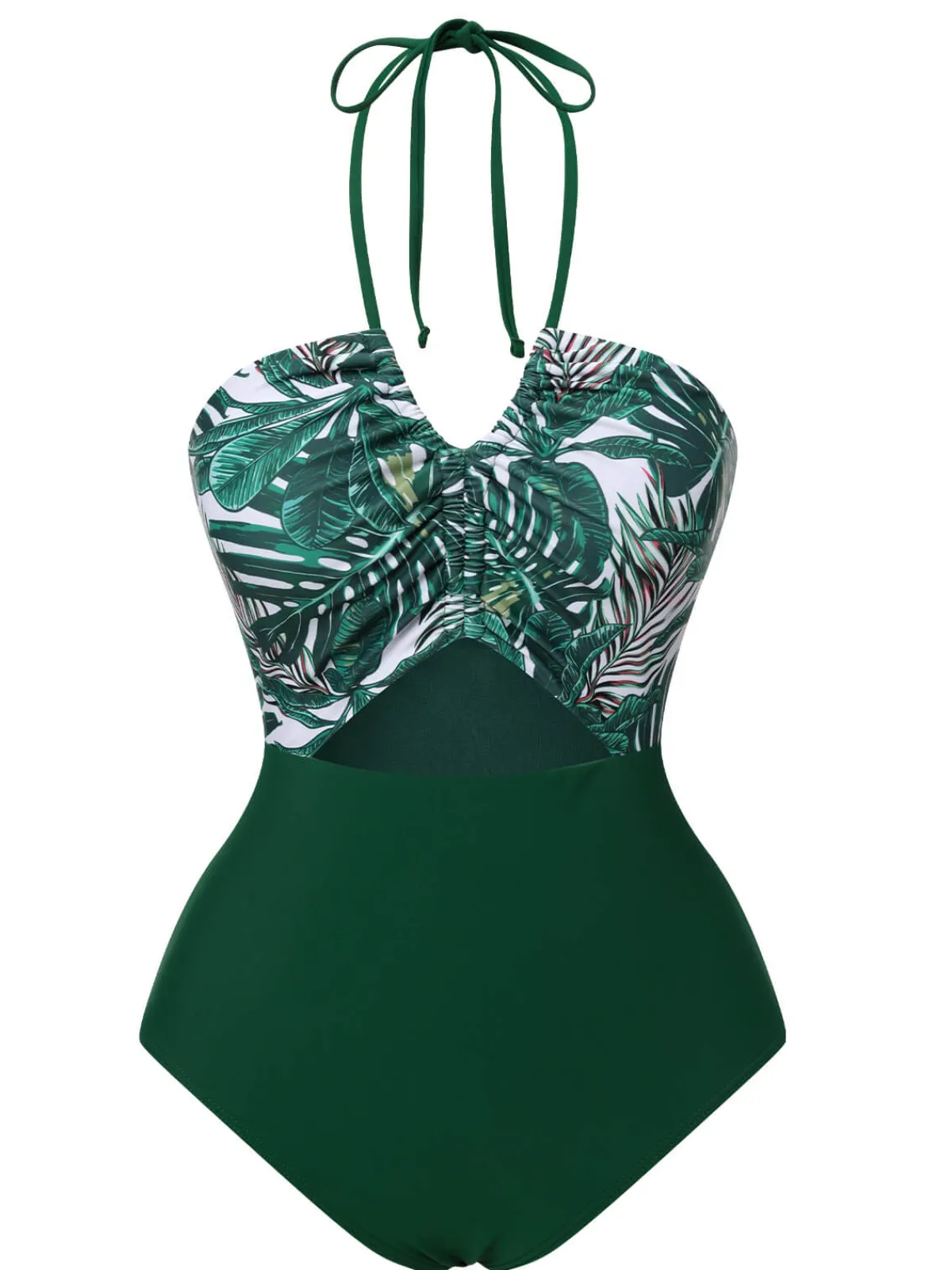 New Retro Stage 1940s Tropical Hollow Out One-Piece Swimsuit Green