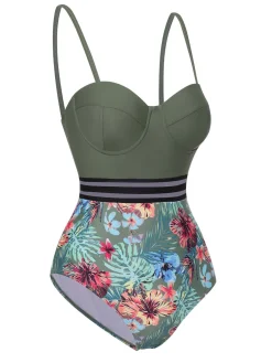 Best Retro Stage 1970s Tropical Patchwork Strap Swimsuit Green
