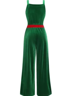 Clearance Retro Stage 1940s Velvet Button-Embellished Jumpsuit Green