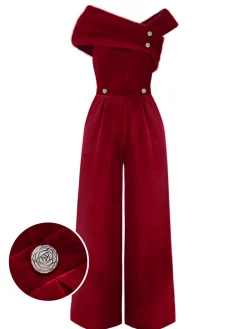 Sale Retro Stage Green 1950s Velvet Off Shoulder Button Jumpsuit