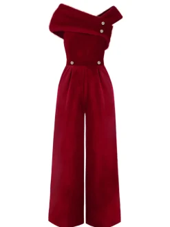 Sale Retro Stage Green 1950s Velvet Off Shoulder Button Jumpsuit