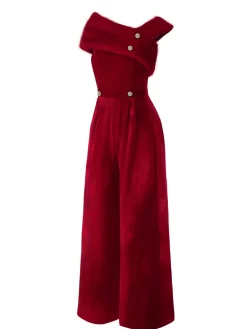 Sale Retro Stage Green 1950s Velvet Off Shoulder Button Jumpsuit