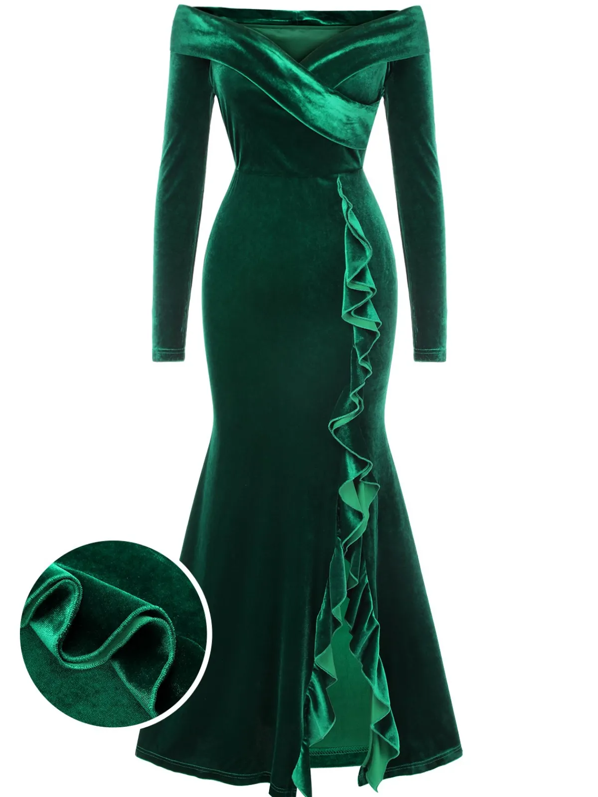 Discount Retro Stage 1930s Velvet Off-Shoulder Ruffle-Trim Mermaid Dress Green