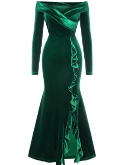 Discount Retro Stage 1930s Velvet Off-Shoulder Ruffle-Trim Mermaid Dress Green