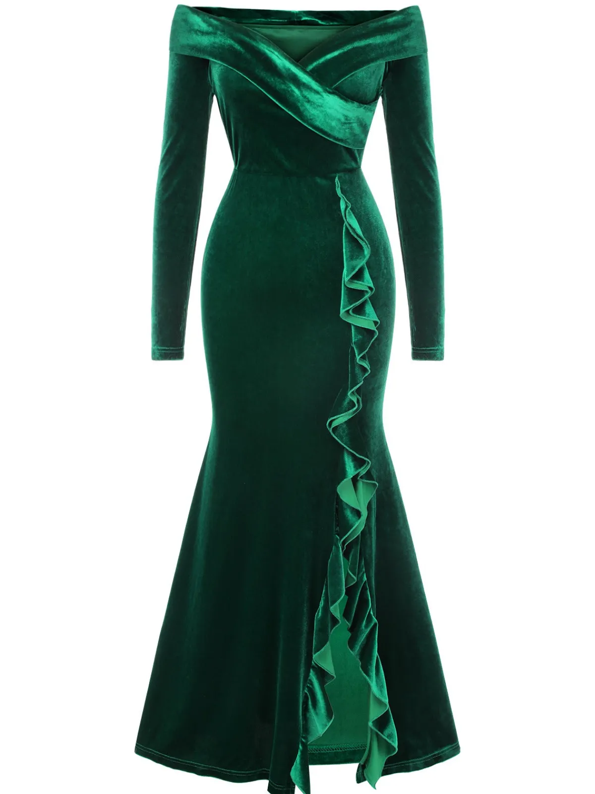 Discount Retro Stage 1930s Velvet Off-Shoulder Ruffle-Trim Mermaid Dress Green
