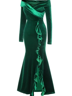 Discount Retro Stage 1930s Velvet Off-Shoulder Ruffle-Trim Mermaid Dress Green