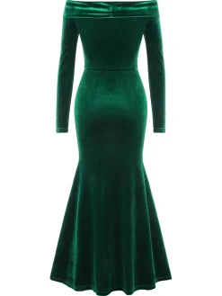 Discount Retro Stage 1930s Velvet Off-Shoulder Ruffle-Trim Mermaid Dress Green