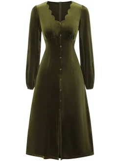 Fashion Retro Stage 1940s Velvet Petal Collar Dress Green