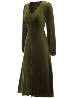 Fashion Retro Stage 1940s Velvet Petal Collar Dress Green
