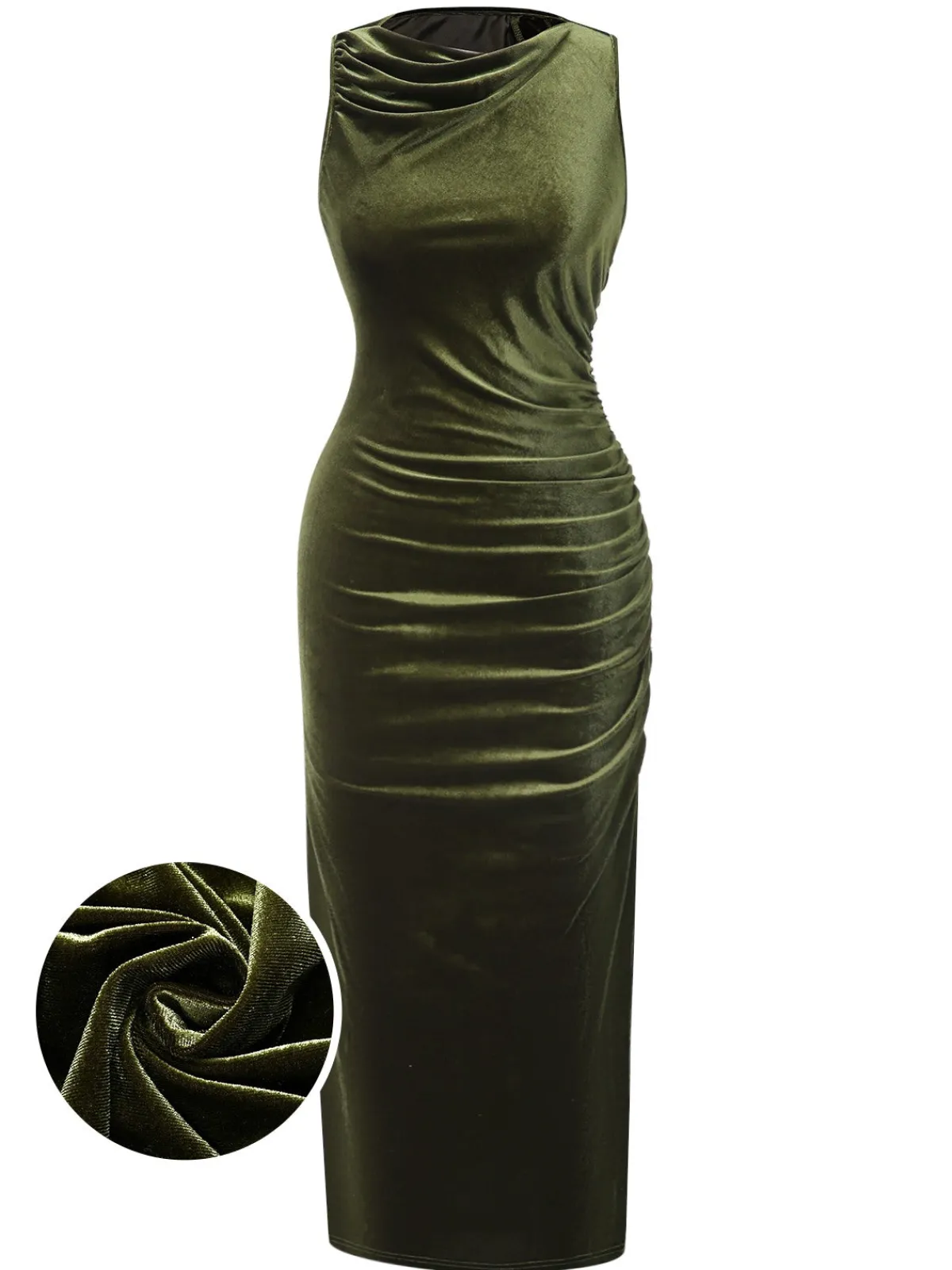 Online Retro Stage 1930s Velvet Pleated Bodycon Dress Green