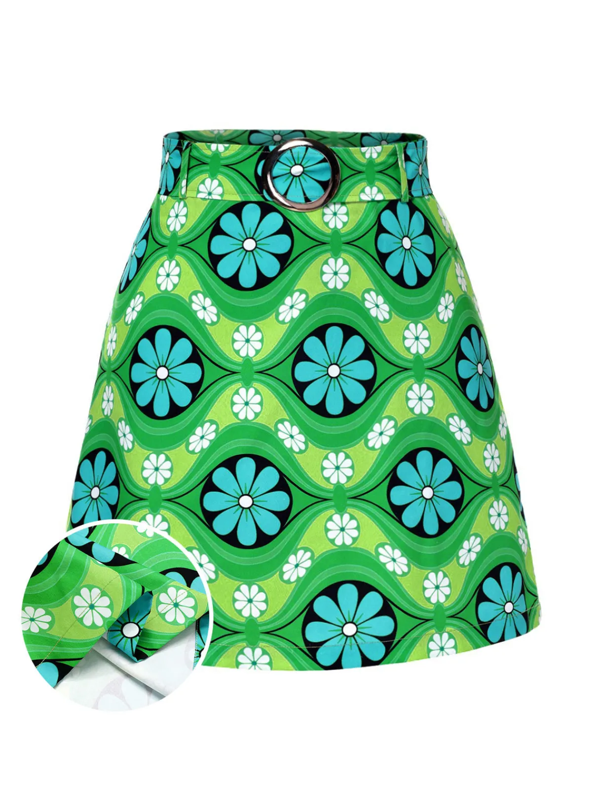 Sale Retro Stage 1960s Vintage Floral Belted Mini Skirt Green