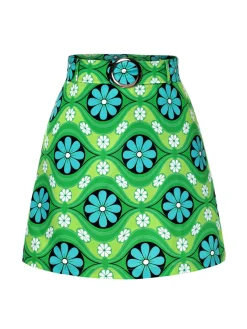 Sale Retro Stage 1960s Vintage Floral Belted Mini Skirt Green