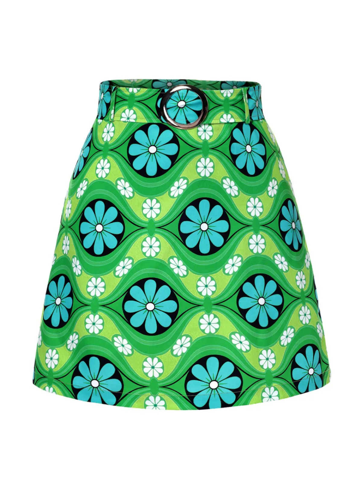Sale Retro Stage 1960s Vintage Floral Belted Mini Skirt Green