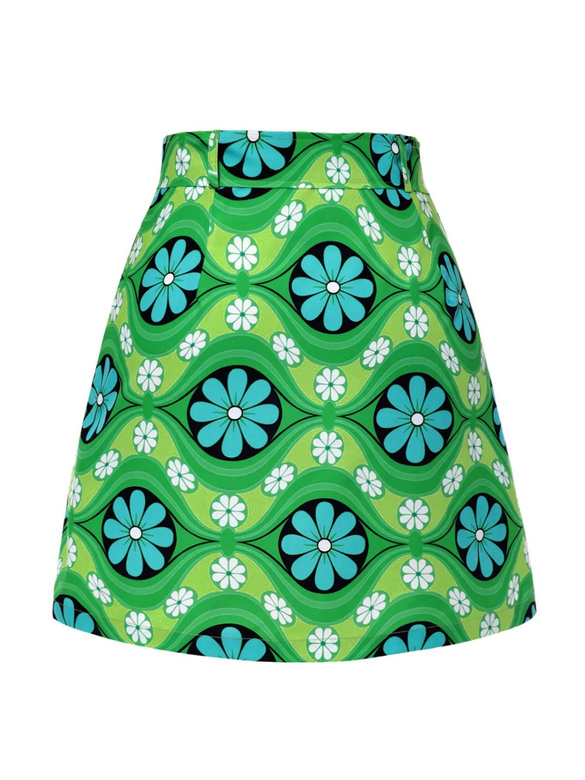 Sale Retro Stage 1960s Vintage Floral Belted Mini Skirt Green