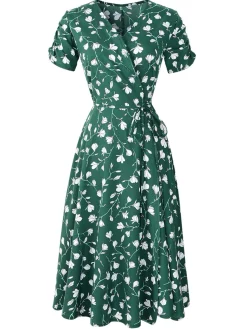 Discount Retro Stage 1940s V-Neck Floral Dress Green