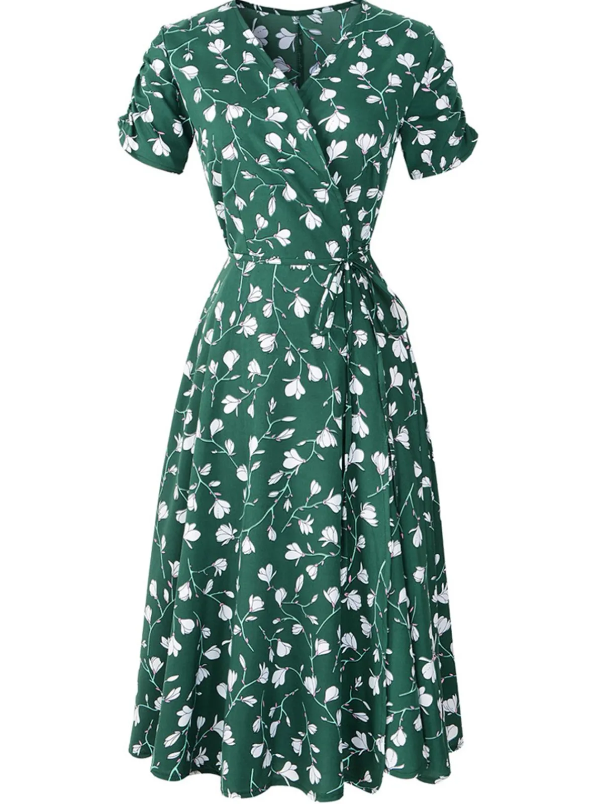 Discount Retro Stage 1940s V-Neck Floral Dress Green