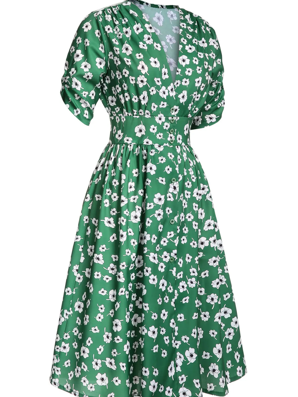 Clearance Retro Stage 1940s V-Neck Floral Dress Green