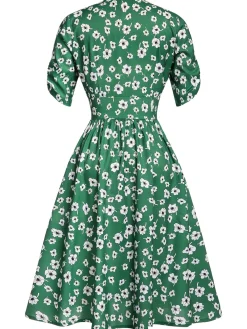 Clearance Retro Stage 1940s V-Neck Floral Dress Green