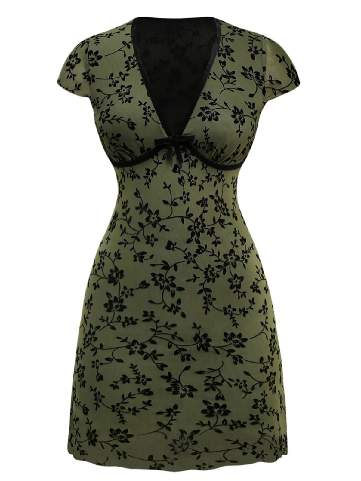 Discount Retro Stage 1960s V-Neck Floral Flocked A-line Dress Green