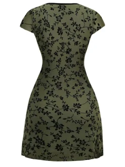 Discount Retro Stage 1960s V-Neck Floral Flocked A-line Dress Green