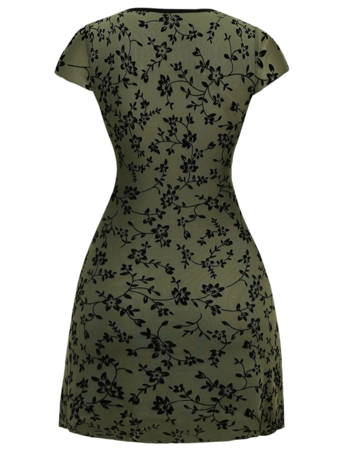 Discount Retro Stage 1960s V-Neck Floral Flocked A-line Dress Green