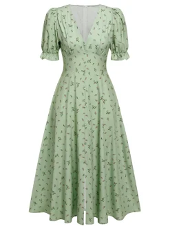 Fashion Retro Stage Green 1940s V-Neck Floral Lantern Sleeves Dress Light Green