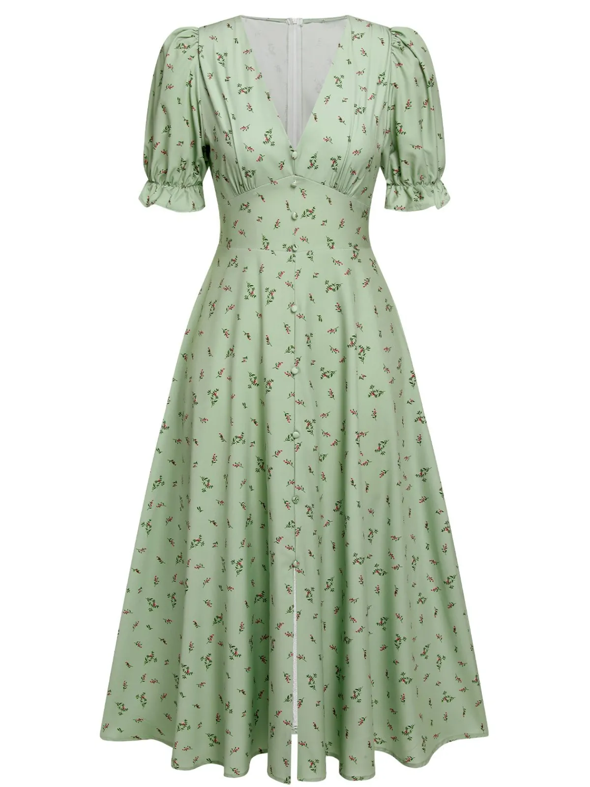 Fashion Retro Stage Green 1940s V-Neck Floral Lantern Sleeves Dress Light Green