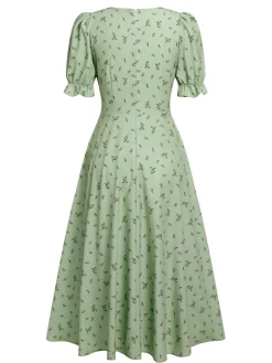 Fashion Retro Stage Green 1940s V-Neck Floral Lantern Sleeves Dress Light Green
