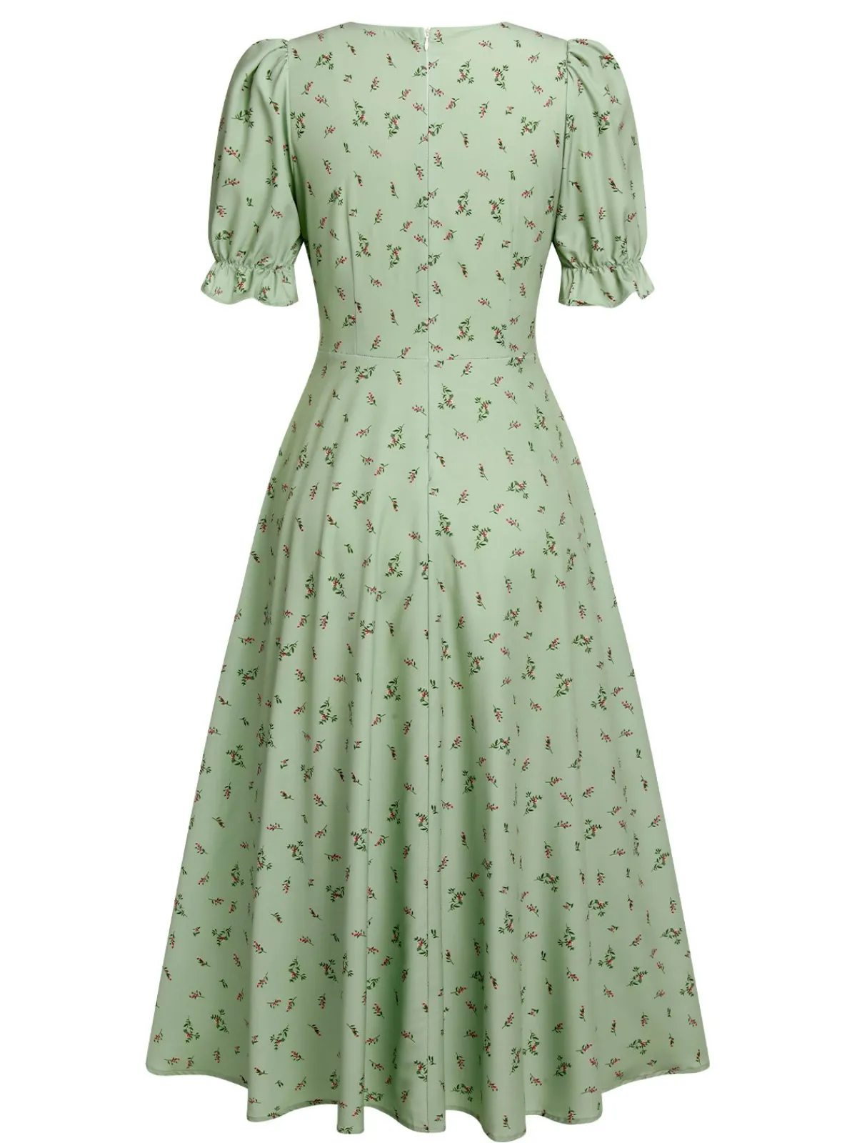 Fashion Retro Stage Green 1940s V-Neck Floral Lantern Sleeves Dress Light Green