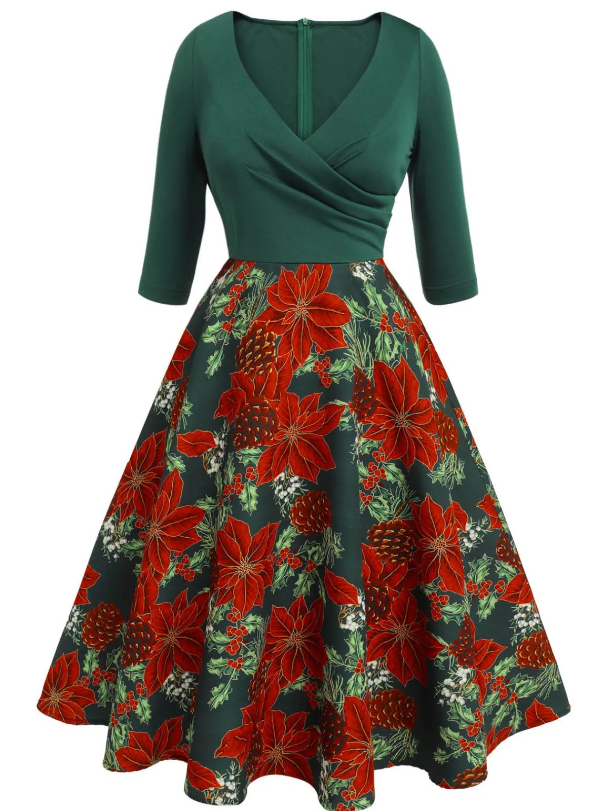 Best Retro Stage 1950s V-Neck Floral Patchwork Dress Green